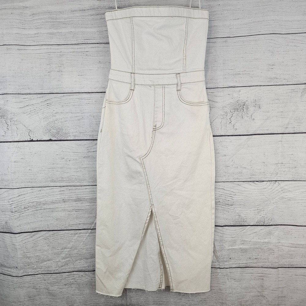 GB Gianni Bini S Small Strapless Denim Midi Jean Dress Off-White Slit NWT L797 - Picture 1 of 10